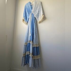 Zury India Blue White Tan Fringe Mixed Print Kaftan Maxi Dress